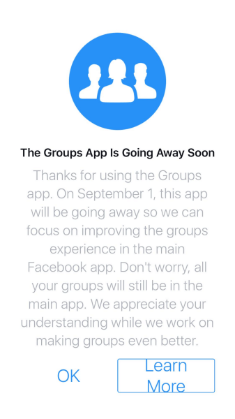 Facebook interromperà l'app Gruppi per iOS e Android dopo il 1 ° settembre 2017.