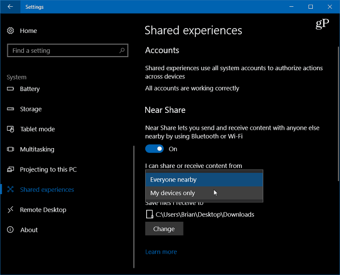 1 Abilita Near Share Impostazioni di Windows 10