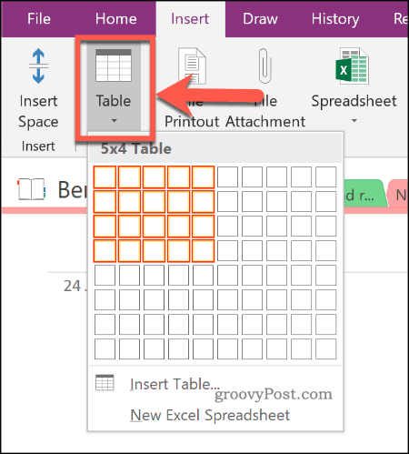 Inserimento di una nuova tabella in OneNote