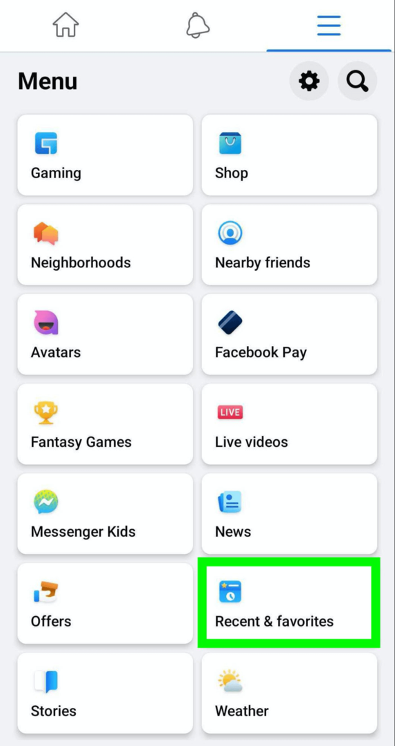 immagine del menu Facebook che mostra l'opzione Recenti e Preferiti
