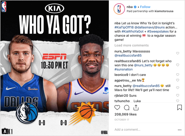 L'NBA ha collaborato con lo sponsor Kia Motors per regalare i biglietti per le partite all'inizio della stagione su Instagram.