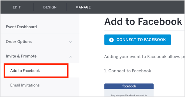 Nella scheda Gestione Eventbrite, fai clic su Invita e promuovi e seleziona Aggiungi a Facebook dal menu a discesa.