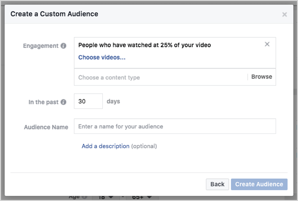 Pubblico personalizzato di Facebook basato sulle visualizzazioni di video in 30 giorni.
