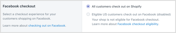 In Shopify, seleziona un'esperienza di pagamento per i tuoi clienti che fanno acquisti su Facebook.