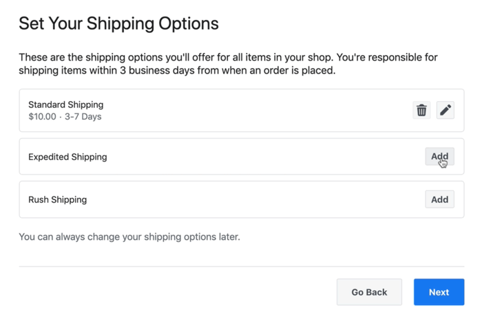 esempio di screenshot delle opzioni di spedizione del negozio Facebook che potrebbero essere disponibili