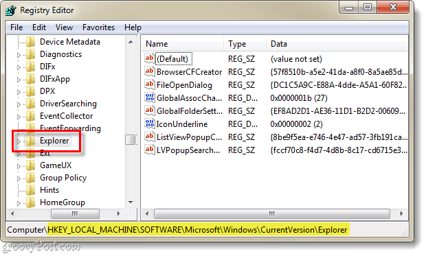 trova la chiave di registrazione relativa alla versione corrente di explorer nel registro di Windows 7