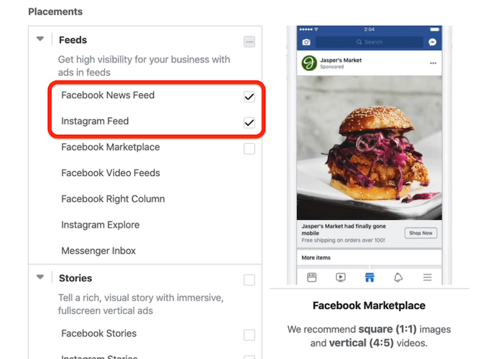 Posizionamenti di feed di notizie di Facebook e feed di Instagram selezionati a livello di set di annunci in Facebook Ads Manager