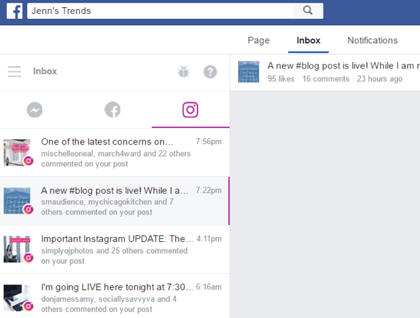 Sul desktop, apri la posta in arrivo sulla tua pagina Facebook e fai clic sulla scheda Instagram per vedere i commenti sui tuoi post.