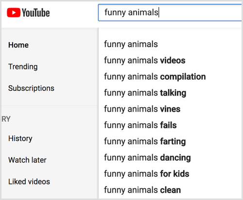 Guarda le autosuggestioni di ricerca di YouTube per la tua parola chiave.