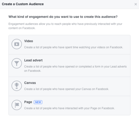 Facebook ti consente di creare quattro segmenti di pubblico personalizzati basati sul coinvolgimento.