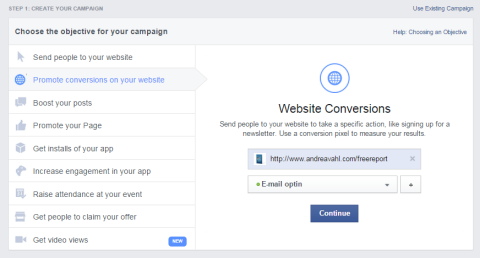 opzioni di conversione del sito web di Facebook