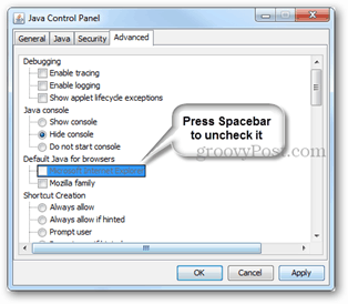 disabilitare Internet Explorer Java