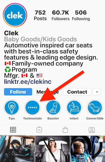 Instagram Stories mette in evidenza l'album per le testimonianze sul profilo aziendale di Clek