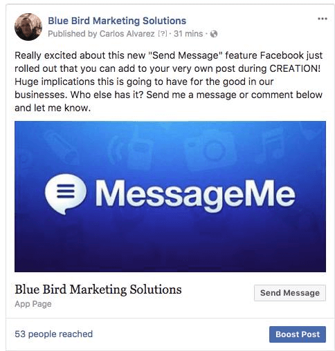 Facebook ha aggiunto l'opzione per includere un pulsante nei post della Pagina che offre agli utenti la possibilità di rispondere direttamente in Messenger.
