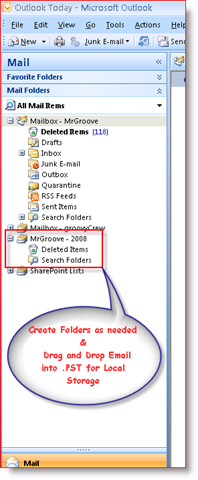 Posta in arrivo di Outlook 2007 che visualizza il file di dati personali .PST nel riquadro di navigazione:: groovyPost.com