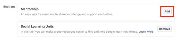 Come migliorare la community del tuo gruppo Facebook, opzione per aggiungere la sezione tutoraggio al tuo gruppo Facebook