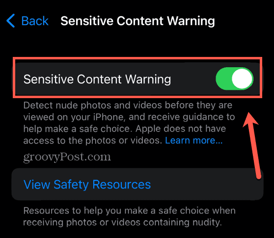 Attiva l'avviso relativo ai contenuti sensibili su iOS