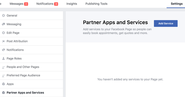 Fare clic su App e servizi partner nelle Impostazioni della pagina Facebook.