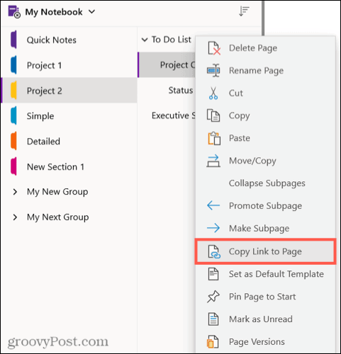 Copia un collegamento alla pagina in OneNote per Windows 10