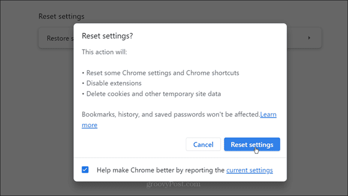 Ripristina le impostazioni Conferma di Chrome