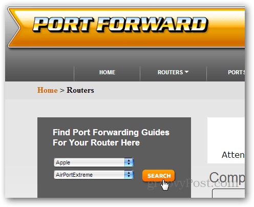 trovare una guida del router su portforward.com