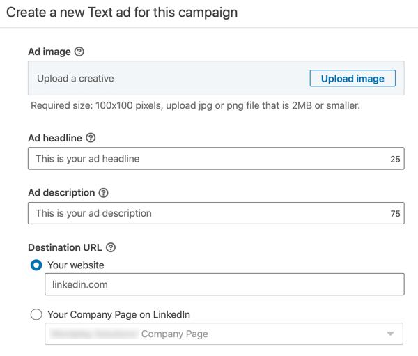 Come creare un annuncio di testo LinkedIn, passaggio 12, impostazioni del testo dell'annuncio