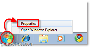 avvia le proprietà del menu in Windows 7