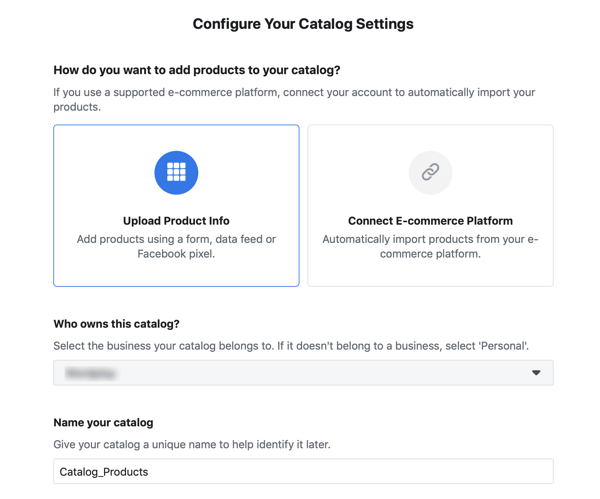 Usa lo strumento di configurazione degli eventi di Facebook, passaggio 20, opzioni di menu per popolare il tuo catalogo di annunci di Facebook