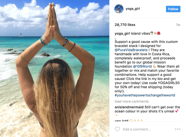 In questo post di influencer a pagamento, Pura Vida è stata in grado di sfruttare i 2,1 milioni di follower di Rachel Brathen (yoga_girl) e monitorare il ROI attraverso un coupon esclusivo.