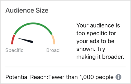 Messaggio relativo alla dimensione del pubblico di Facebook: il tuo pubblico è troppo specifico per la visualizzazione dei tuoi annunci.