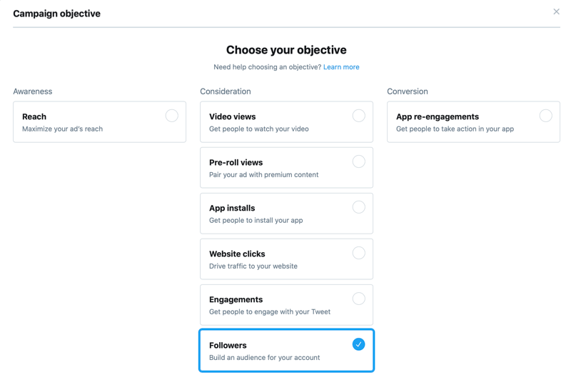 obiettivi della campagna Twitter con l'obiettivo dei follower selezionato