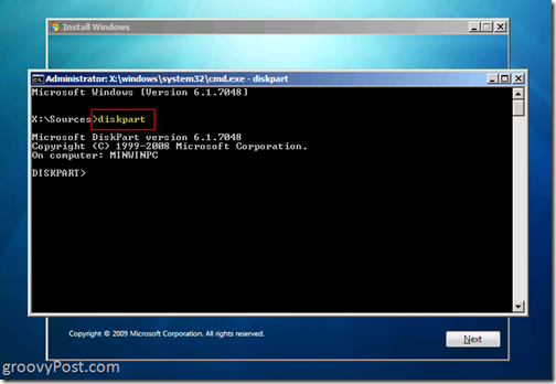 VHD nativo di Windows 7 Installa Dual Boot Avvia Diskpart 6.1.7048 dal prompt CMD per creare il file VHD