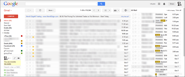 anteprima screenshot di gmail con tutta la posta nel secondo riquadro a destra