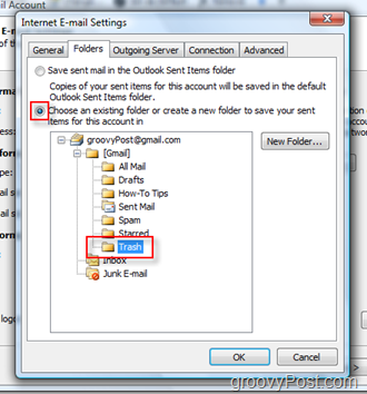 Installa la cartella SEND Mail per l'account iMAP in Outlook 2007:: Scegli la cartella Cestino
