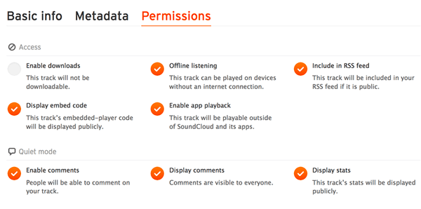 Controlla la scheda Autorizzazioni per assicurarti che il tuo file audio sia incluso nel tuo feed RSS di SoundCloud.