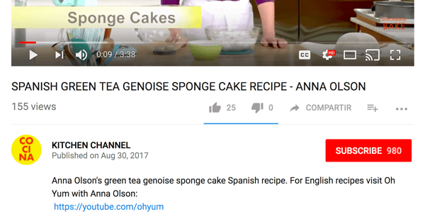 Cocina indirizza il pubblico di lingua inglese a un diverso canale di cucina su YouTube.