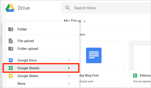 Fai clic sul pulsante Nuovo a sinistra e scegli Fogli Google dal menu a discesa.