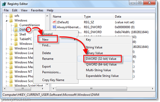 crea una nuova chiave dwm dword in Windows 7