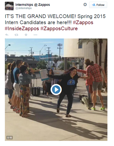 video tweet di benvenuto allo stage zappos