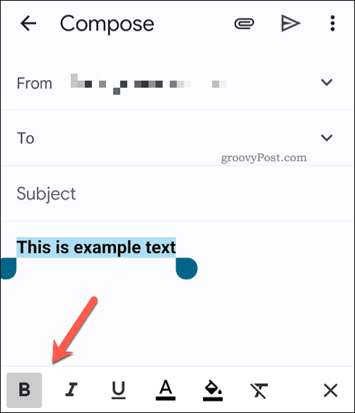 La barra degli strumenti di formattazione del testo nell'app Gmail per dispositivi mobili