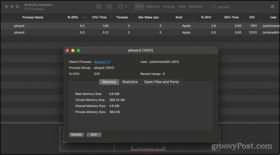 Esci dal processo " pboard" in Activity Monitor