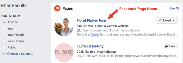 Esempio della pagina Facebook denominata Floret Flower Farm nei risultati di ricerca.