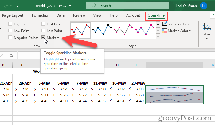Mostra marcatori su sparkline in Excel
