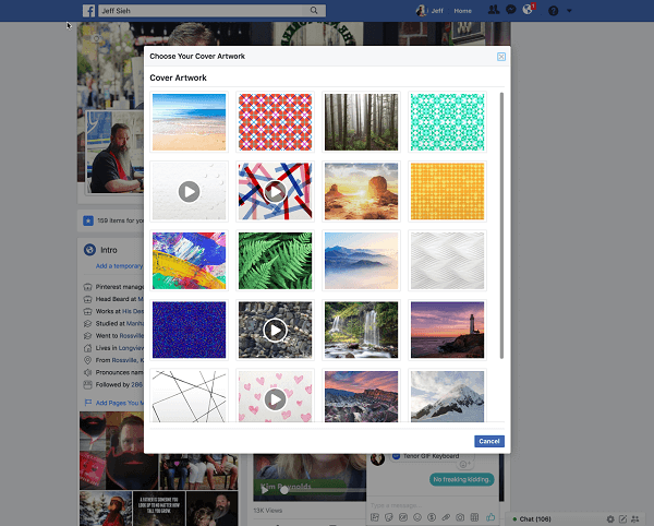 Facebook ora consente agli utenti di selezionare un video per un'immagine di copertina del profilo dalla libreria Artwork. 