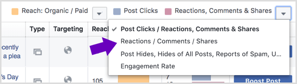 Fai clic sulla freccia accanto a Reazioni, commenti e condivisioni nella pagina Insights della tua pagina Facebook.