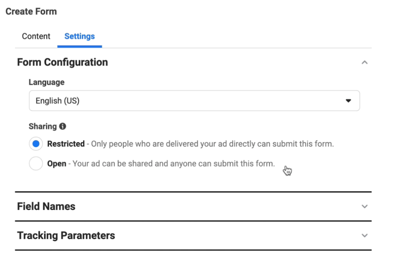 Gli annunci lead di Facebook creano una nuova opzione del modulo per i lead per regolare le impostazioni di configurazione del modulo della lingua che è impostata su inglese e la condivisione che è impostata su limitata