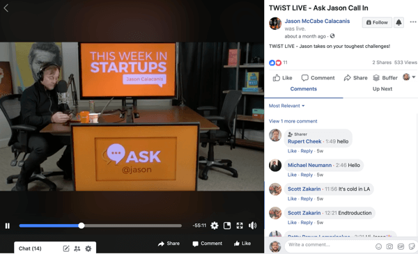 Utilizza un flusso di lavoro in sei passaggi per creare video per più piattaforme, esempio di un video di Facebook in live streaming di Jason McCabe Calacanis