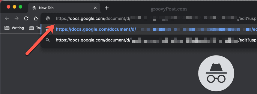 Incollare un link di condivisione di Google Documenti nella barra degli indirizzi di una finestra di navigazione in incognito di Google Chrome