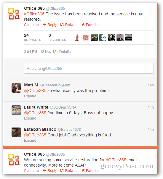 Tweet sull'interruzione di Office 365