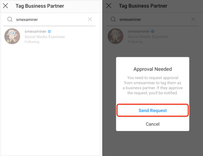 inviare richiesta di approvazione al partner commerciale su Instagram